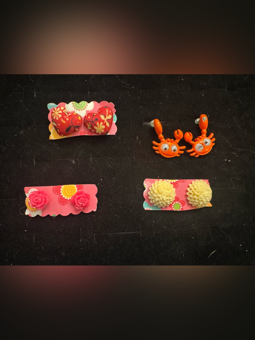 4 Pairs Cute Novelty Stud Earrings Lot – Flowers, Hearts & Crabs